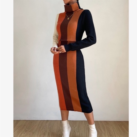 Cozy Color Block Stripe Turtleneck Sweater Dress - Picture 5 of 11